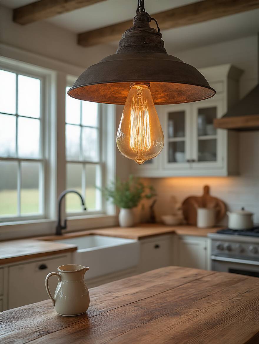 A close-up of a glowing vintage Edison filament bulb in an industrial pendant light fixture, hanging above a rustic wooden island in a farmhouse kitchen, casting warm amber light.