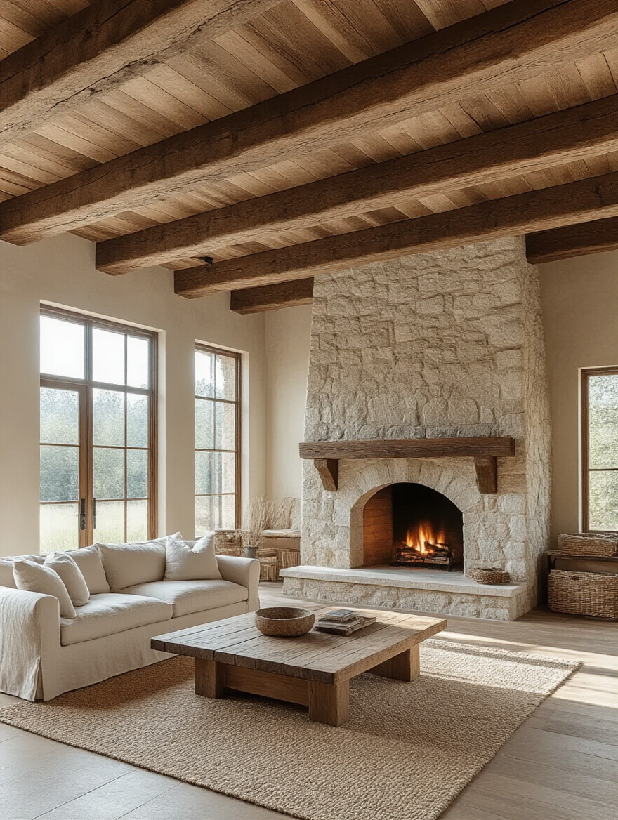 Rustic living room with exposed dark wood ceiling beams, cream sofa, and stone fireplace.