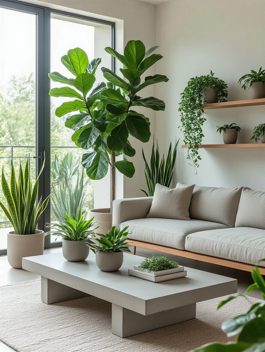 Modern living room interior with a large Fiddle Leaf Fig next to a sofa, smaller Snake Plants on a coffee table, and cascading Pothos from a hanging planter, all in minimalist planters.