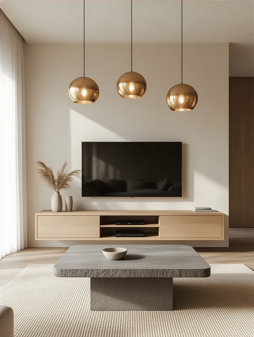 Modern living room interior showcasing natural wood, stone, and metal accents, featuring an oak floating console, polished concrete coffee table, and brushed brass pendant lighting.
