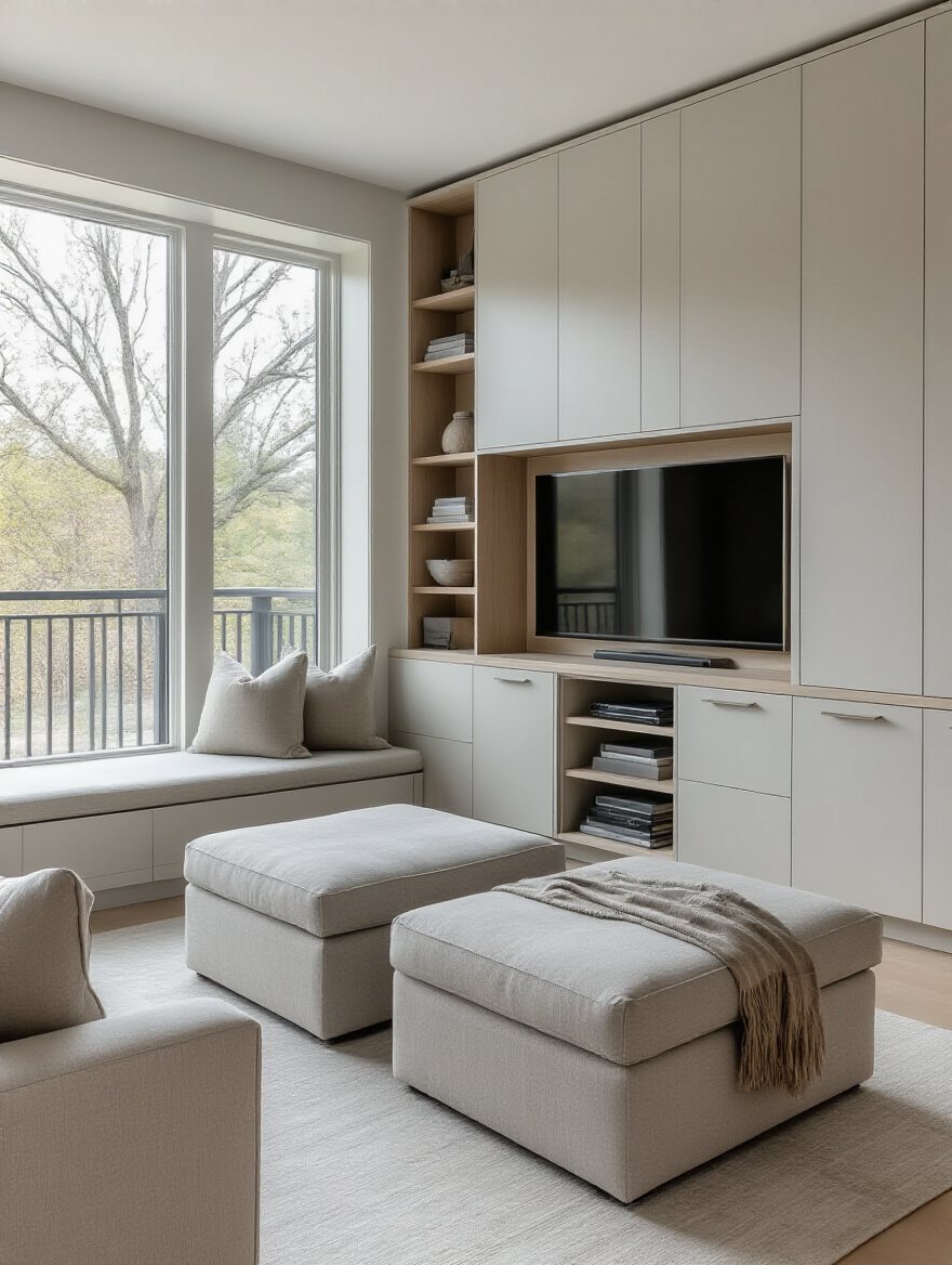Modern living room with hidden smart storage solutions, custom built-in cabinetry, minimalist decor, and a clutter-free aesthetic. Elegantly organized space.