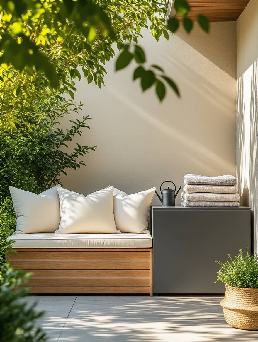 A beautifully organized outdoor patio featuring smart storage solutions, including a stylish storage bench and discreet vertical cabinet, under soft afternoon light.