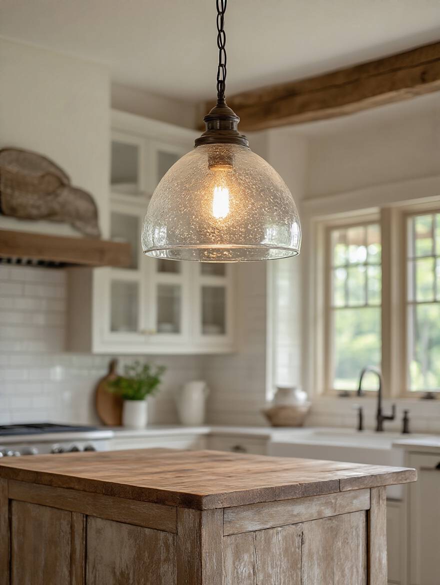 Farmhouse kitchen featuring an artisanal seeded glass pendant light diffusing soft, warm light over a distressed wooden kitchen island.