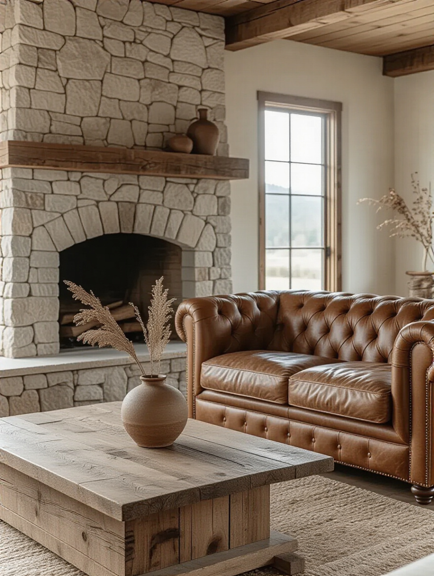 Distressed camel-brown leather Chesterfield sofa in a rustic living room with stone fireplace, embodying durable, classic appeal.