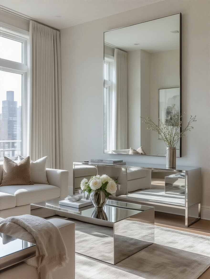 Modern living room with a large mirror reflecting natural light, polished metallic coffee table, and high-gloss console table, enhancing brightness and perceived spaciousness.