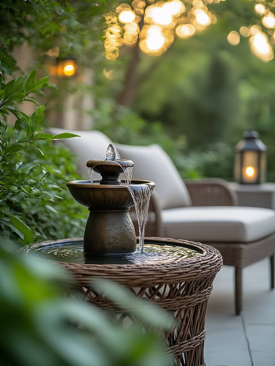 A serene outdoor patio featuring a bronze tabletop water fountain, offering soothing sounds, surrounded by lush plants.