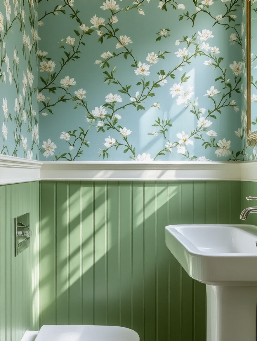 Elegant bathroom with lower half-wall botanical wallpaper and contrasting sky-blue paint on the upper wall, showcasing a clear dividing line.