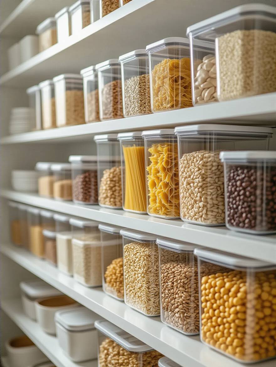 Organized kitchen pantry with clear, stackable airtight food storage containers filled with dry goods, promoting freshness.