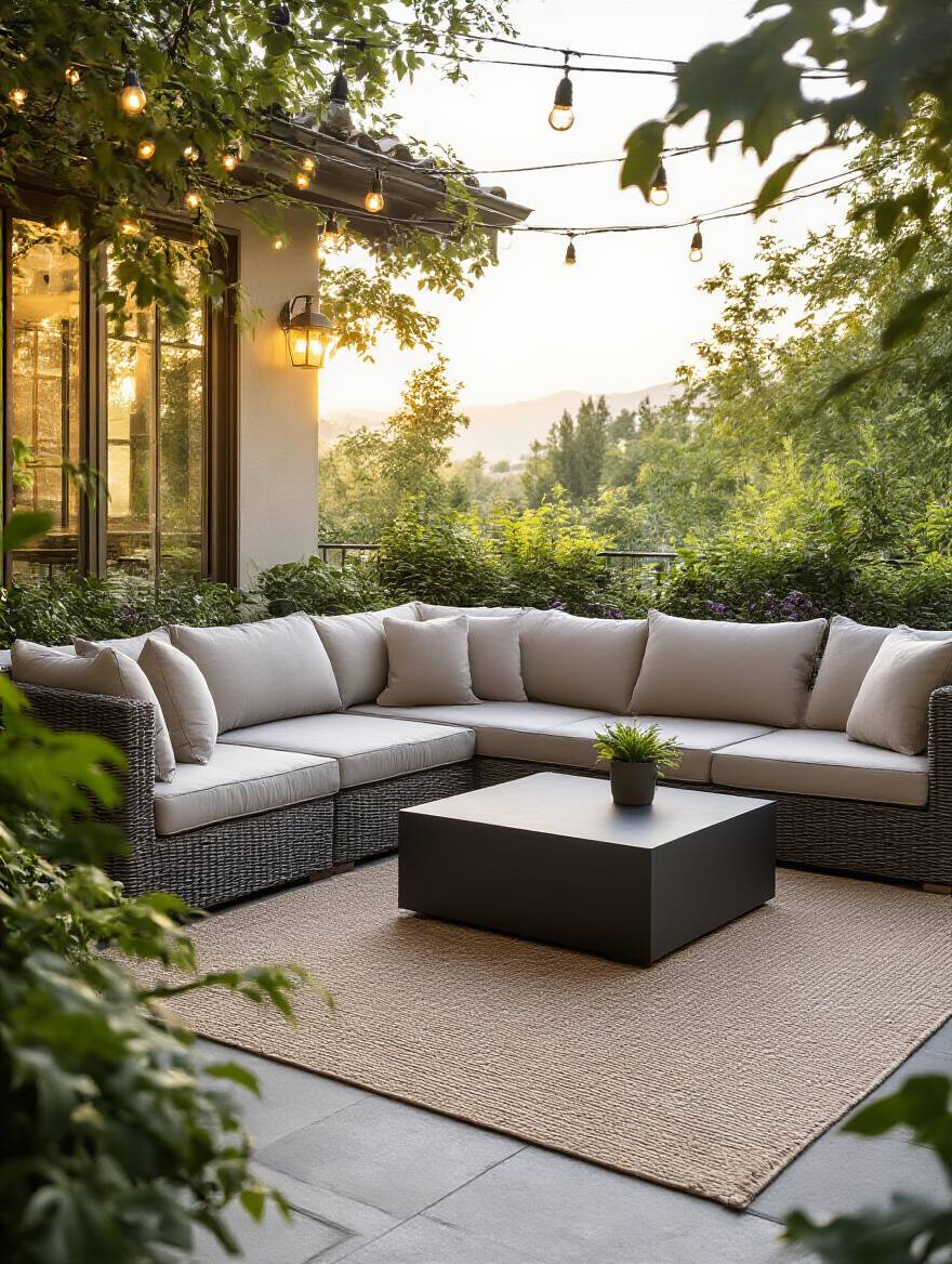A beautiful outdoor patio featuring an L-shaped sectional sofa with comfortable cushions and a coffee table, surrounded by potted plants, designed for proportionate and inviting patio seating.