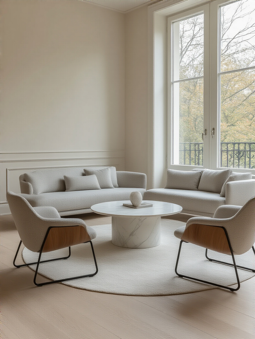 Modern living room featuring a light grey sofa, two contemporary accent chairs, and a round marble coffee table, arranged harmoniously with abundant natural light.