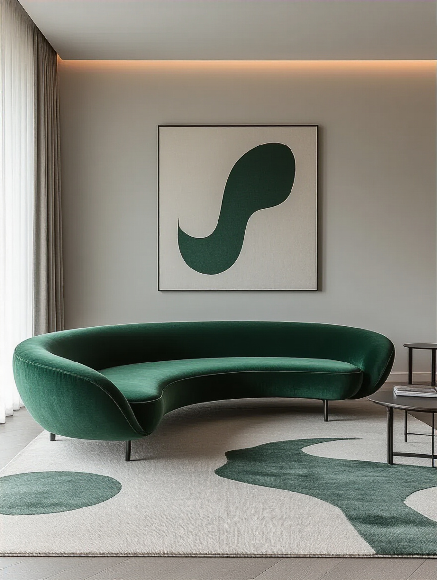 A luxurious emerald green curved velvet statement sofa in a sleek modern living room, highlighting comfort and contemporary design.