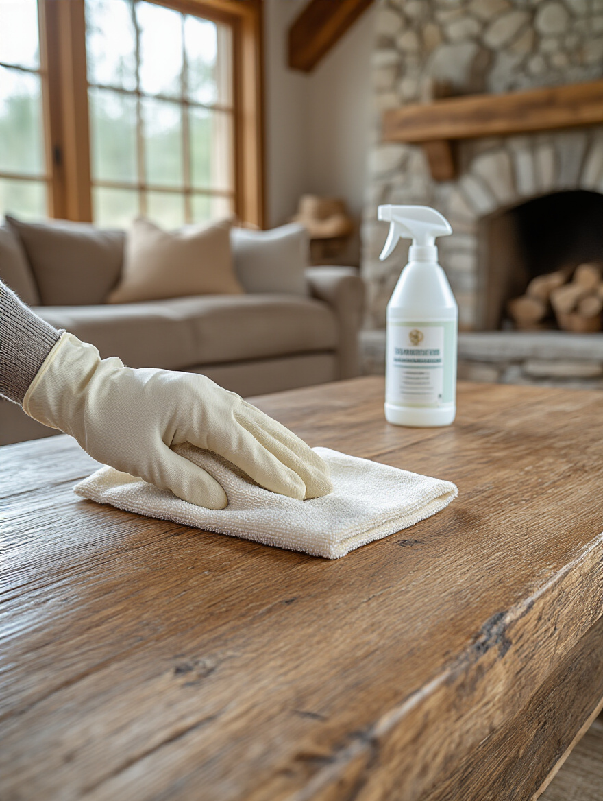 A rustic living room scene where a hand is gently wiping a wooden coffee table with a microfiber cloth and a cleaning spray is visible next to a stone hearth, representing natural wood and stone care.