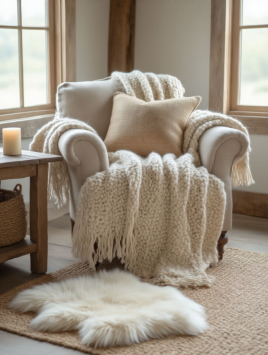 Rustic living room corner with a wool throw, burlap pillow, and faux fur rug, showcasing layered textiles for a cozy atmosphere.
