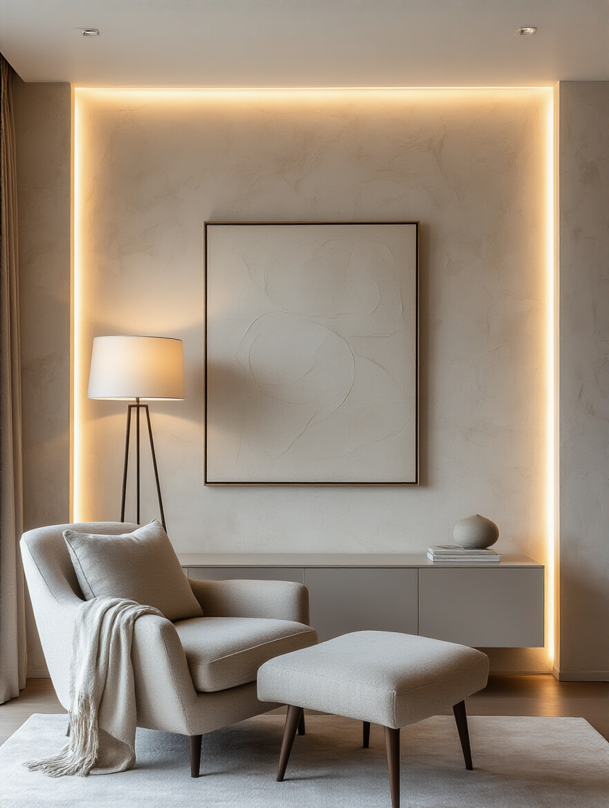 Modern living room with layered lighting featuring recessed ambient lights, a floor lamp for task lighting, and wall sconces accenting artwork, creating a balanced and inviting atmosphere.
