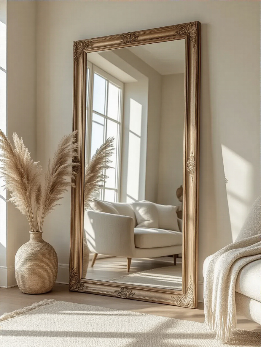 Modern living room with a large, tall mirror leaning against a light-colored wall, reflecting sunlight from an opposite window and creating an illusion of expanded space and brightness.