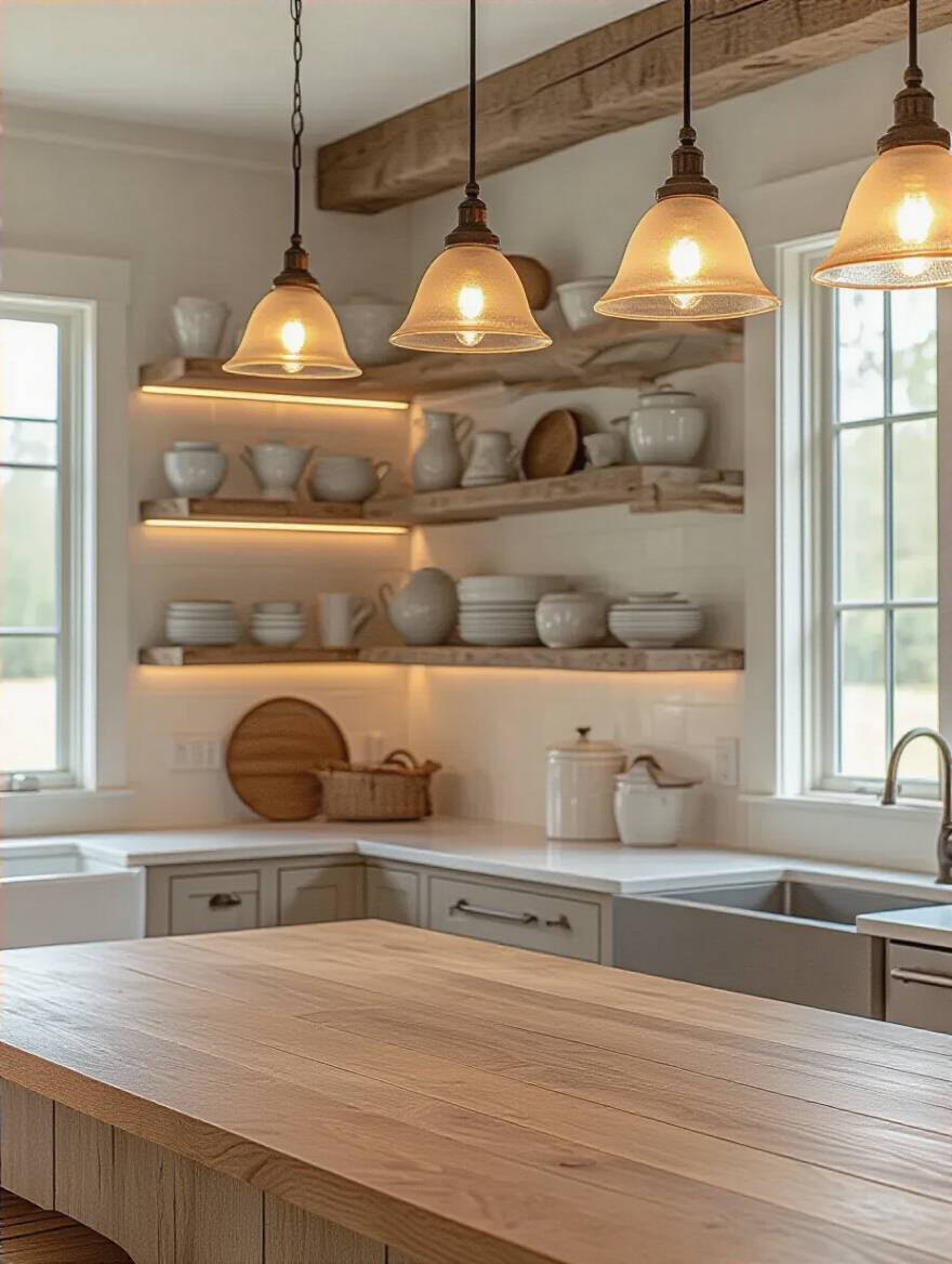 Portrait image of a farmhouse kitchen island and open shelving with bell-shaped pendants illuminating the countertop and discreet LED strips highlighting displayed ceramics.