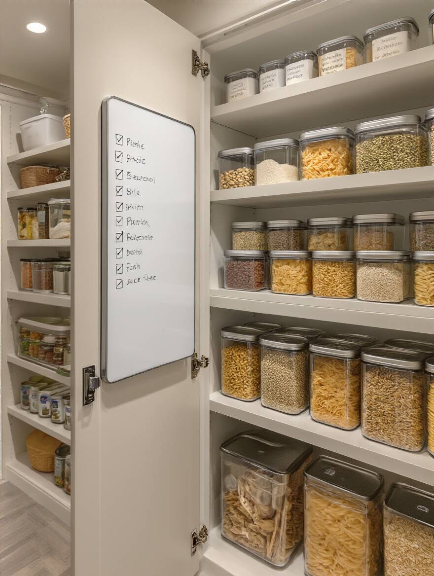 A well-organized modern kitchen pantry interior featuring a magnetic whiteboard on the inside of the pantry door displaying an abstract inventory list. Shelves are neatly stocked with clear jars of pasta, grains, and uniform food containers. The scene highlights an efficient pantry inventory system.