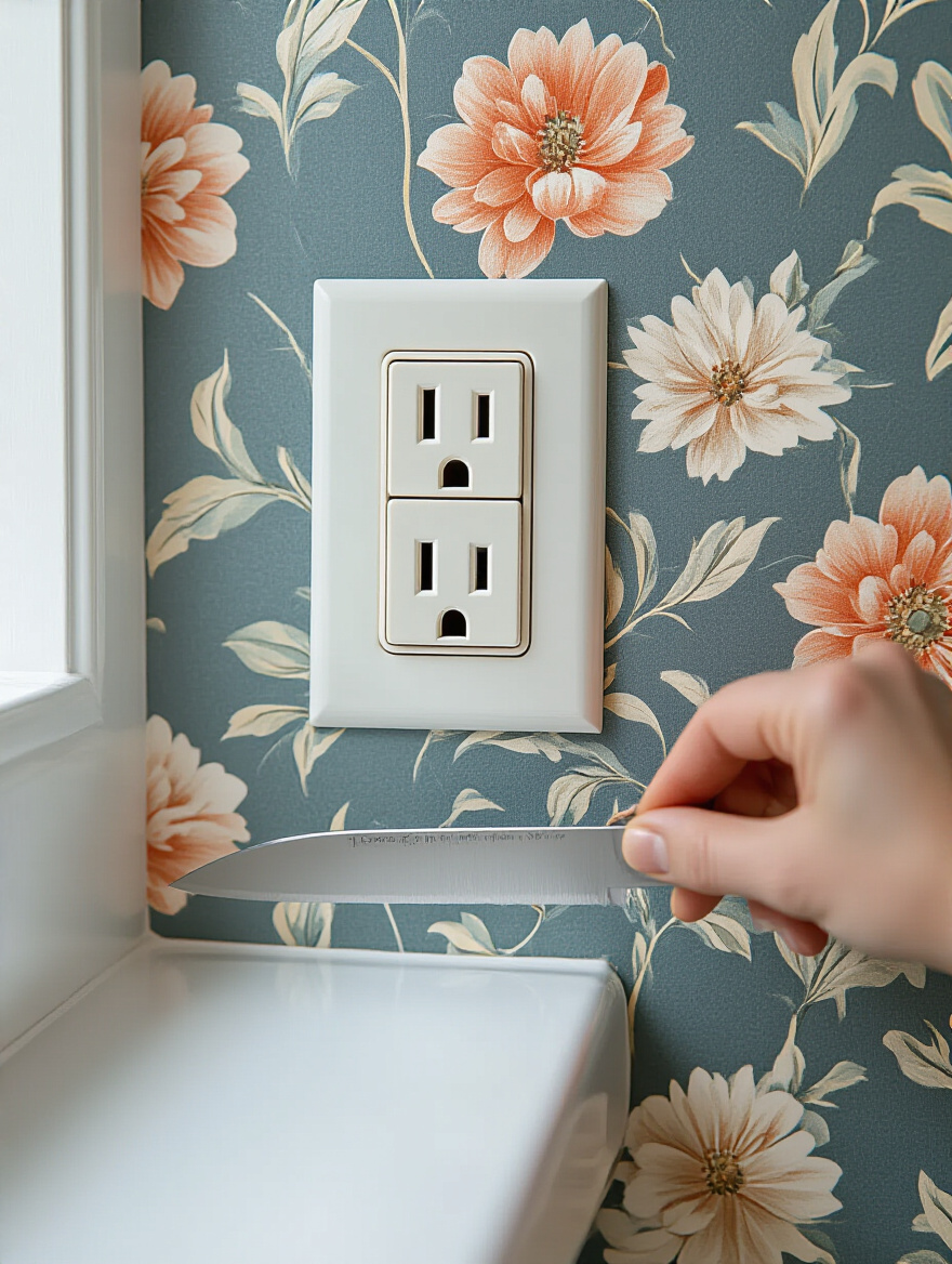 Detailed view of modern bathroom half-wall wallpaper being precisely cut around an electrical outlet, showcasing master techniques for a professional finish.