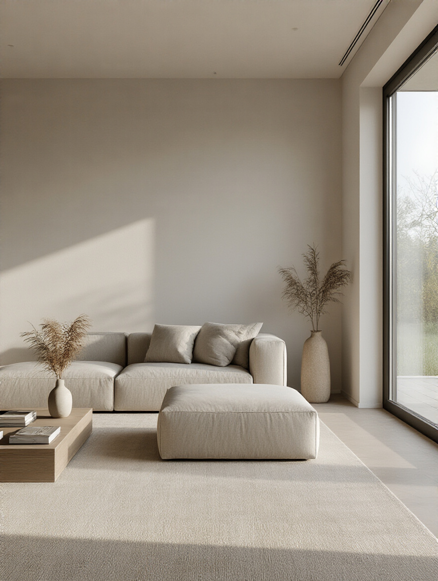 Minimalist modern living room with pristine, uncluttered surfaces, an organized shelf, and a stylish storage ottoman, bathed in soft natural light.