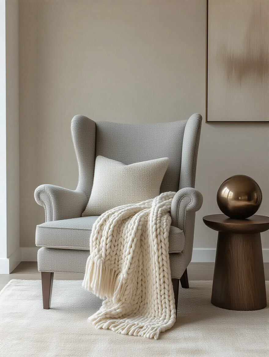 Modern neutral living room vignette featuring a cool gray armchair, creamy off-white chunky knit throw, dark oak side table, bronze sculpture, greige wall, and oatmeal rug, showcasing sophisticated depth with varied neutral tones and textures.