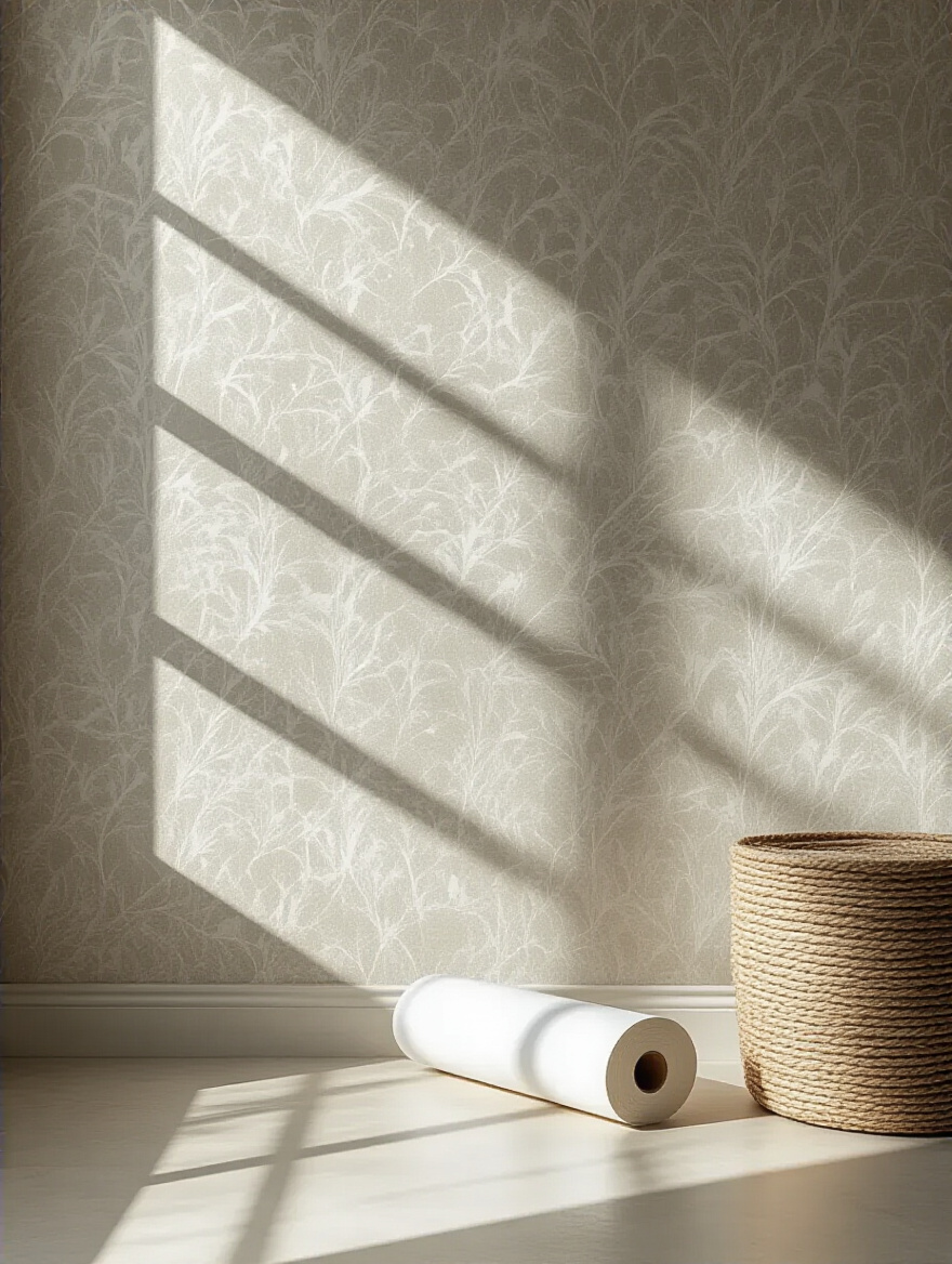Conceptual image showing perfect light lines on a half-wall, representing accurate wallpaper measurement preparation in a bathroom, with a roll of wallpaper nearby.
