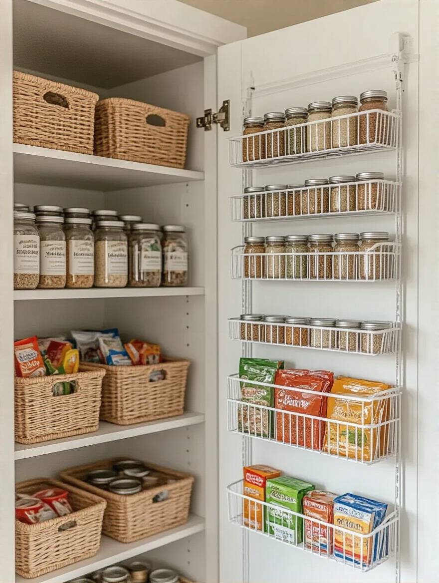 A neatly organized pantry door featuring an over-the-door wire rack holding various spice jars and a clear pocket organizer with snacks, demonstrating effective vertical kitchen pantry storage.