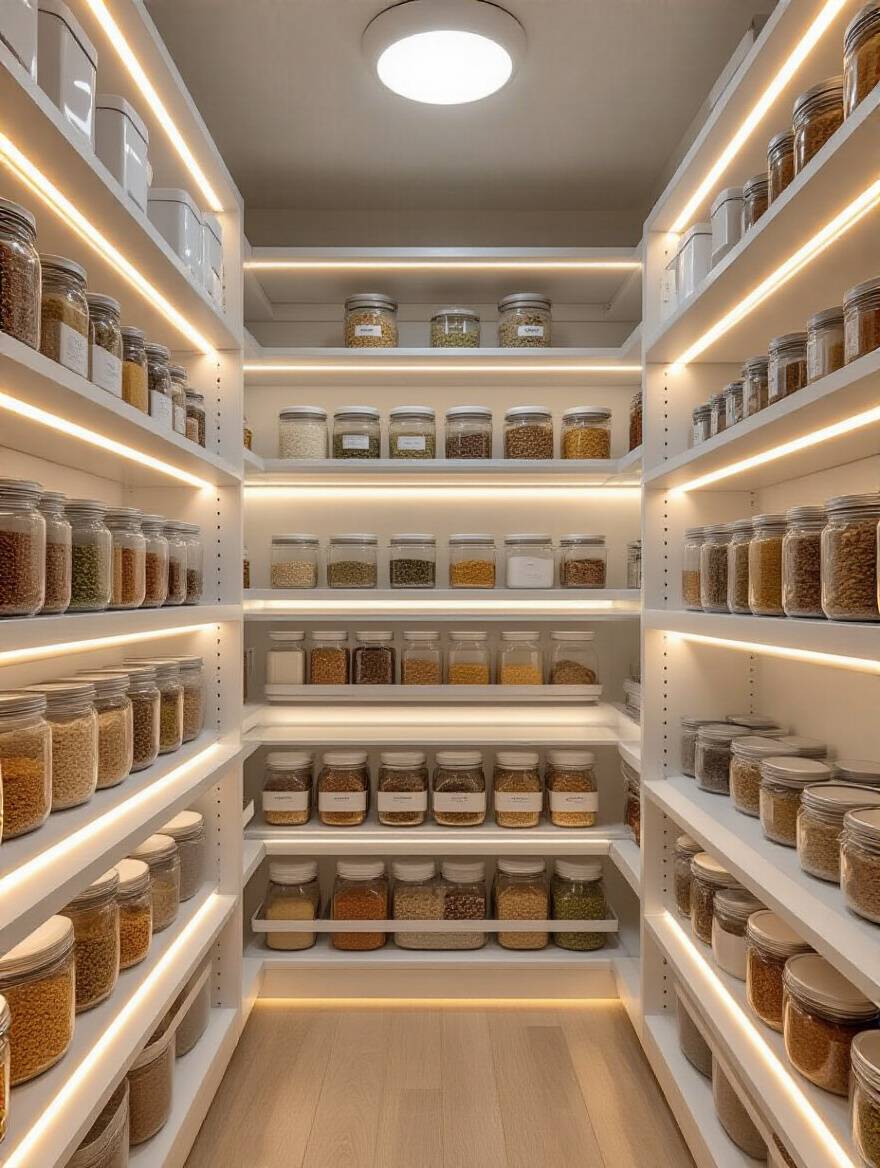 Brightly lit kitchen pantry interior with LED strip lighting illuminating organized shelves filled with clear containers, enhancing visibility and modern aesthetic.