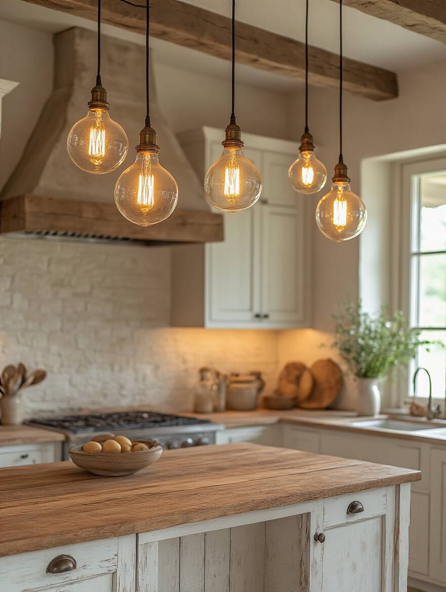 Farmhouse kitchen with vintage LED filament pendant lights, showing warm amber glow. Energy-efficient lighting solution for rustic decor, visible glowing filaments, cozy kitchen ambiance.