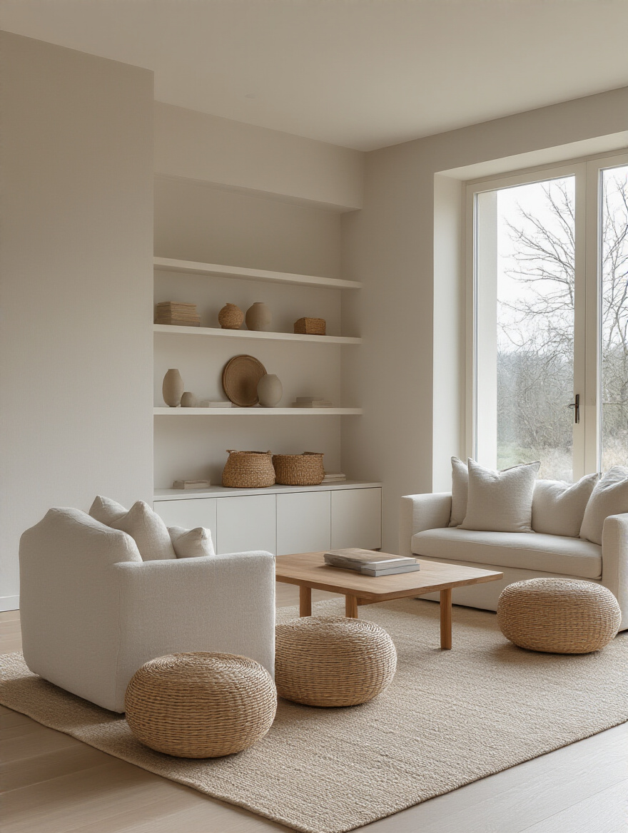 A beautifully decluttered modern living room with clean surfaces, minimalist furniture, and hidden storage, promoting a serene and tranquil environment.