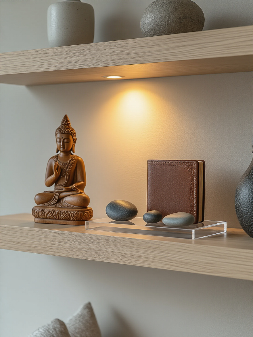 Modern living room shelf displaying a thoughtfully curated vignette of personal keepsakes, including a vintage camera, small framed artwork, and an antique wooden statue, lit by a subtle spotlight.