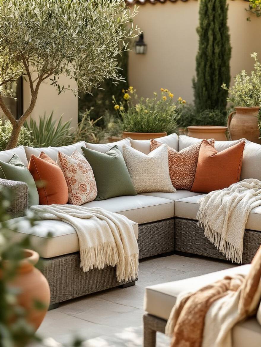 A stylish outdoor patio dining table featuring unique bohemian-chic tabletop decor, including macrame, rattan placemats, vintage ceramic plates, and artisanal candle holders, set under golden hour sunlight.