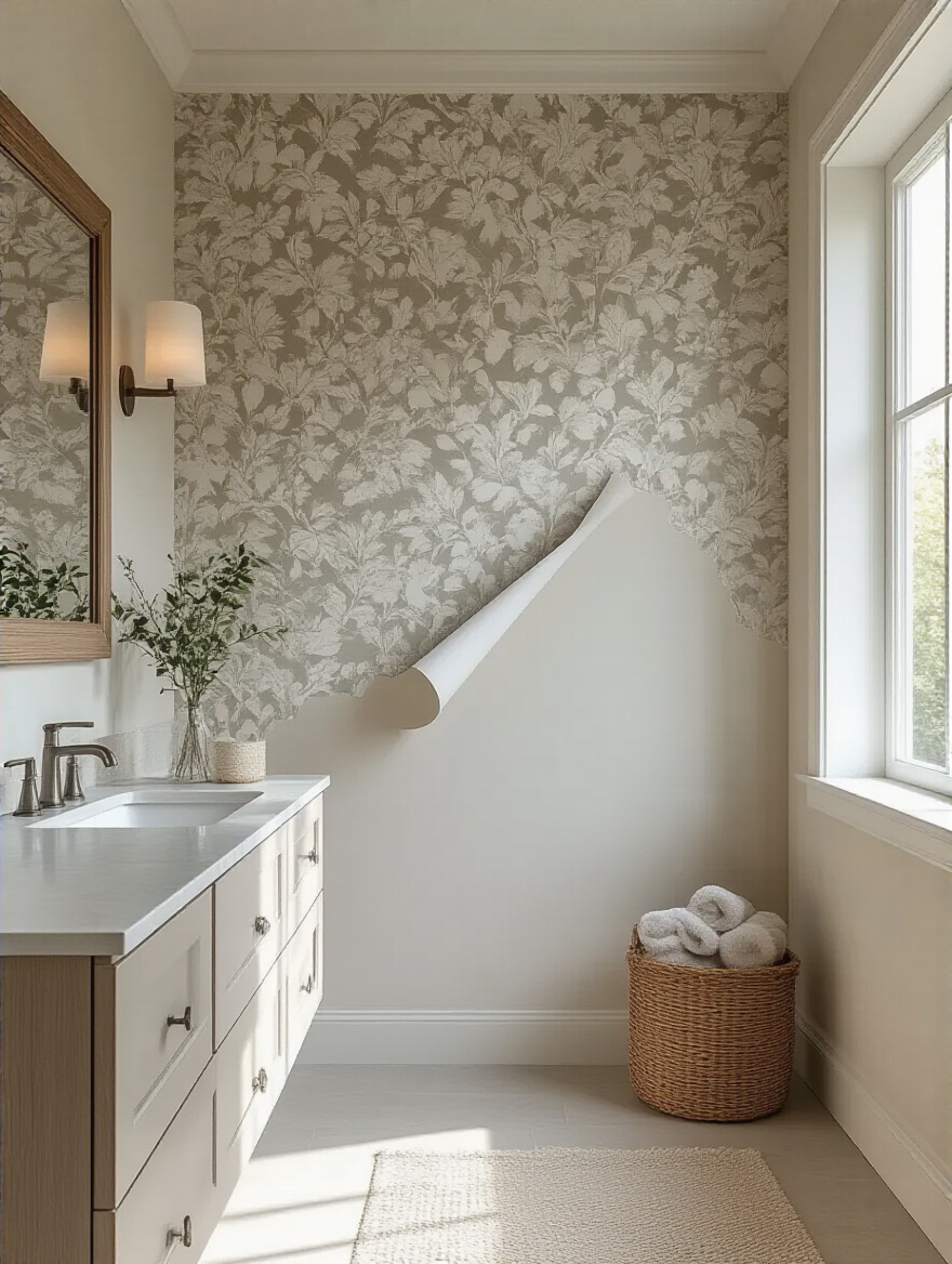 A corner of peel-and-stick bathroom half-wall wallpaper gently lifted to reveal a clean, undamaged, primed wall underneath, demonstrating easy removable wallpaper.