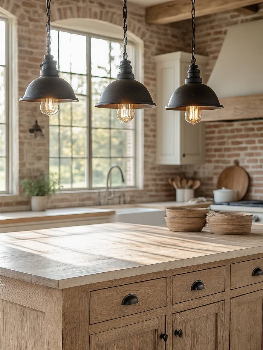 Three robust, hammered black steel island pendants hanging above a large rustic wooden farmhouse kitchen island, illuminated by warm light for central task illumination.