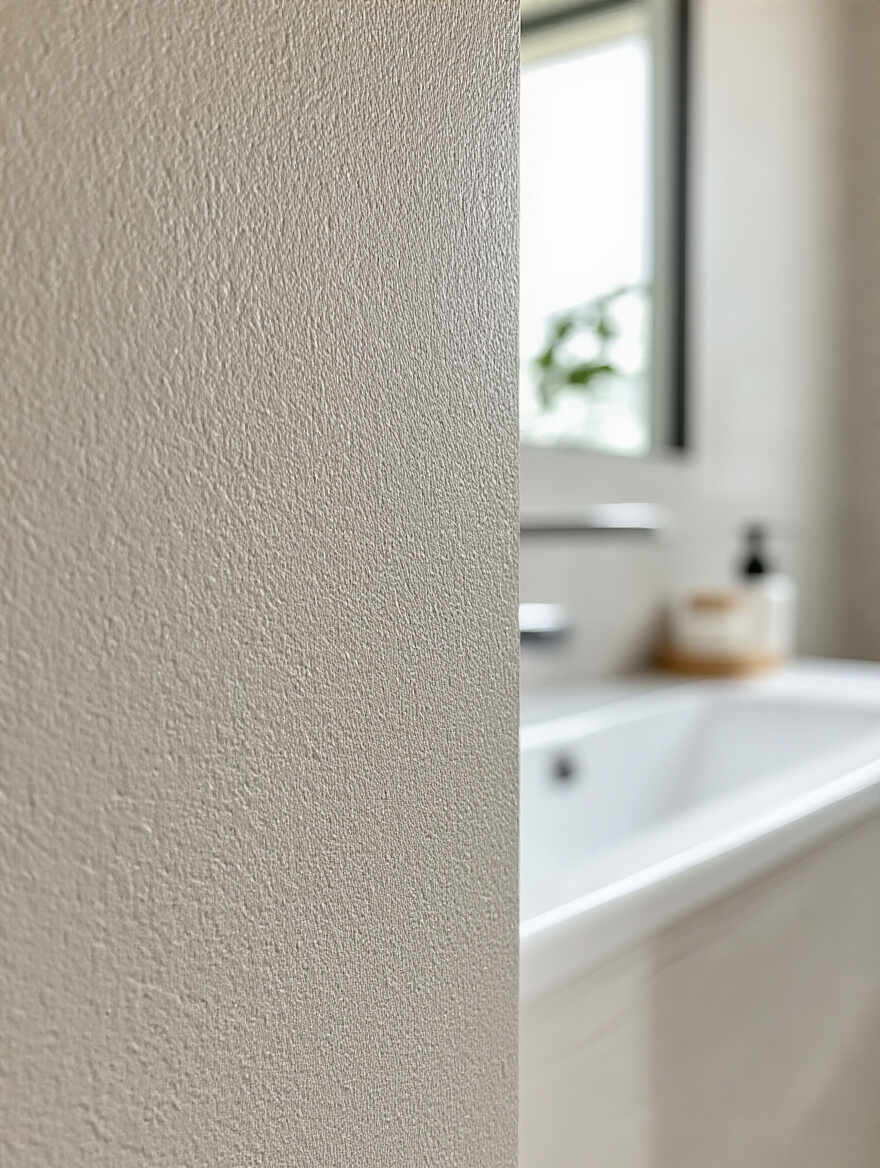 Close-up of a meticulously prepared bathroom half-wall, clean, smooth, and primed, ready for wallpaper installation to ensure optimal adhesion success.