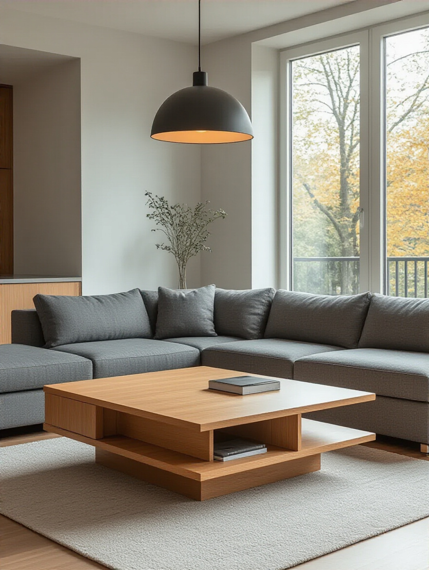 A modern living room with a coffee table that converts into a dining table, showcasing smart multi-functional furniture for small spaces.