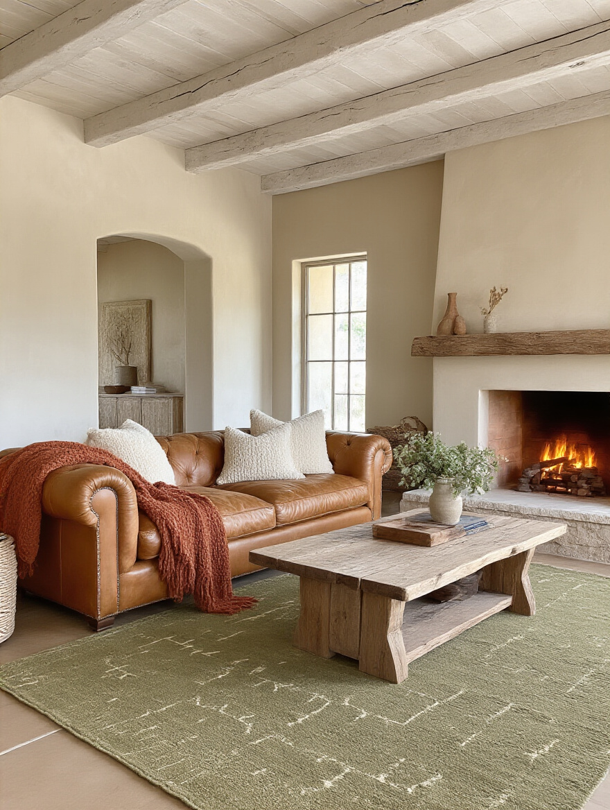 A rustic living room with warm beige walls, a distressed leather sofa, and olive green rug, showcasing a cohesive earthy color palette.