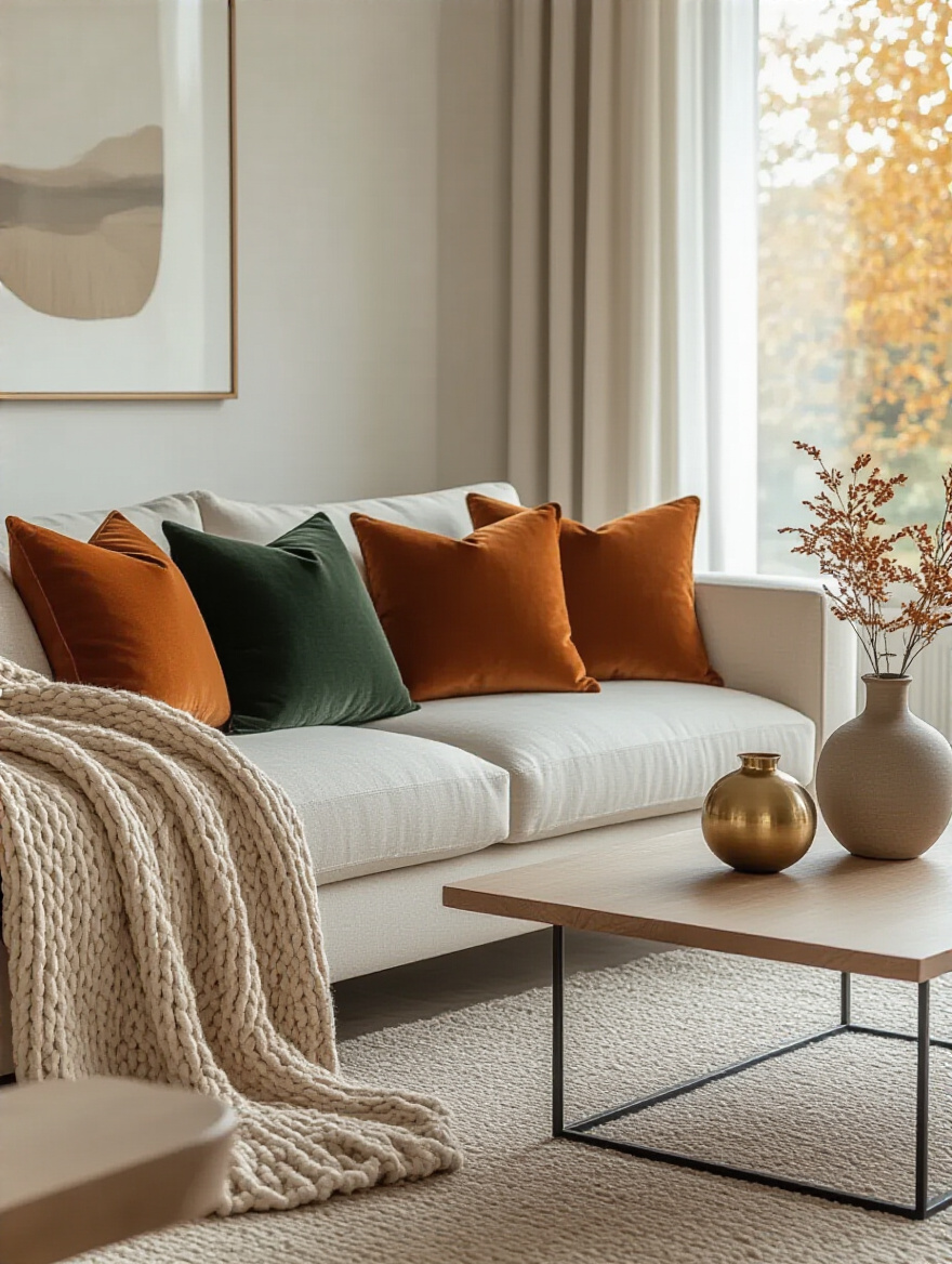 Modern living room with autumn seasonal accents: cream sofa, burnt orange velvet pillows, knit blanket, and brass decor on a minimalist coffee table, under soft natural light.