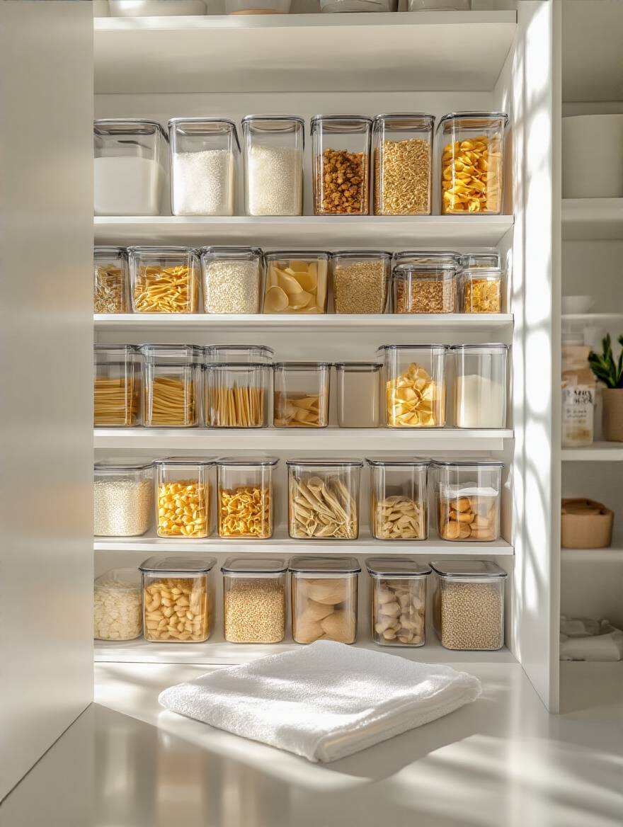 Neatly organized kitchen pantry shelf with clear containers and a microfiber cloth, representing quick declutter sessions.