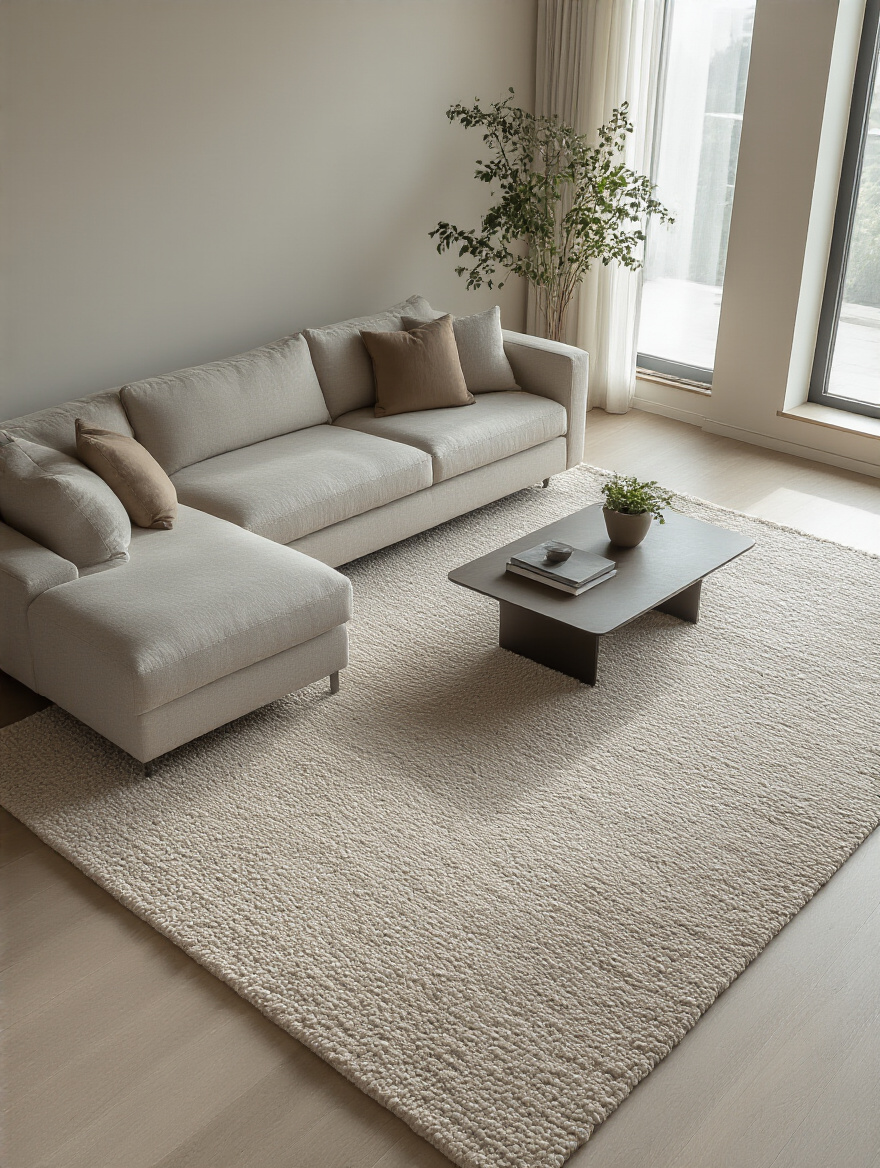 A modern living room showcasing a large, high-quality area rug in a neutral color, anchoring a stylish sofa and coffee table, demonstrating refined decor and comfort.