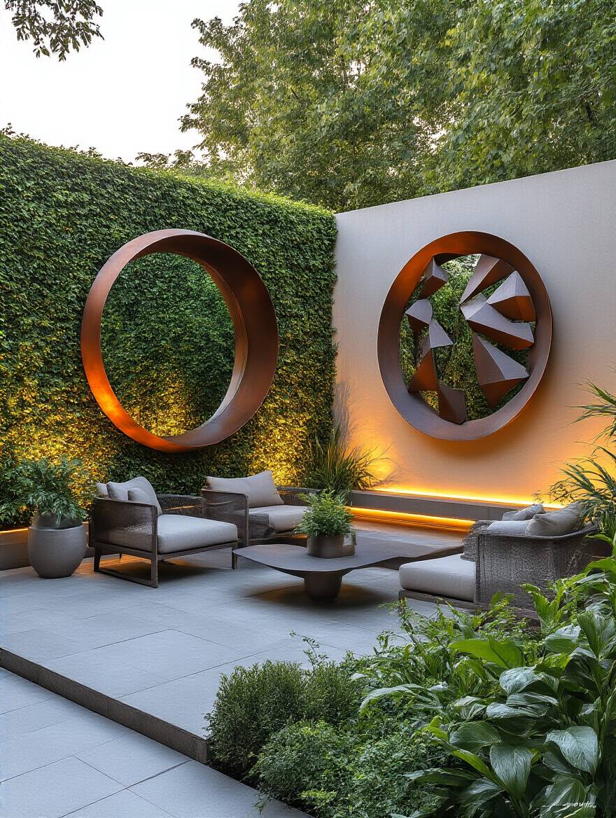 Stylish patio with a large outdoor mirror reflecting greenery and a geometric metal sculpture, enhancing the outdoor space and perceived size.