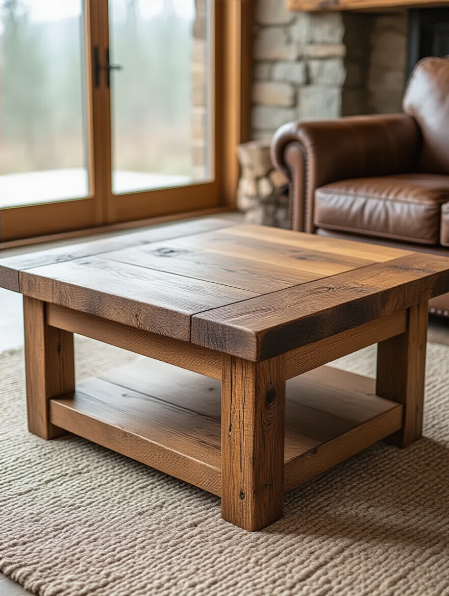 Close-up of a large, substantial hand-crafted rustic wood coffee table in a rustic living room, showing its natural wood grain, dark finish, and robust design.