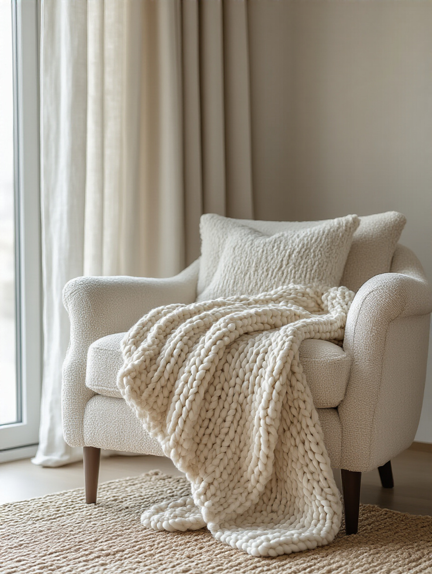 Close-up of a modern living room showing a cream bouclé armchair with a chunky knit throw, jute rug, and linen curtain, highlighting diverse textured fabrics for warmth and depth.