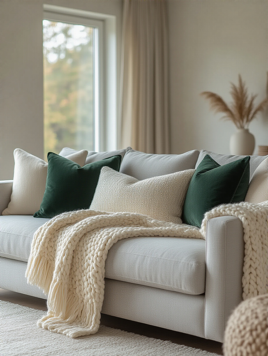 Modern living room featuring a grey sofa adorned with a cream chunky knit throw blanket and an arrangement of emerald green velvet and beige linen throw pillows, creating inviting texture and comfort.