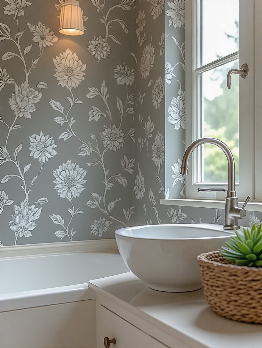 Close-up of solid vinyl wallpaper on a bathroom half-wall, illustrating its moisture-resistant qualities and elegant design.