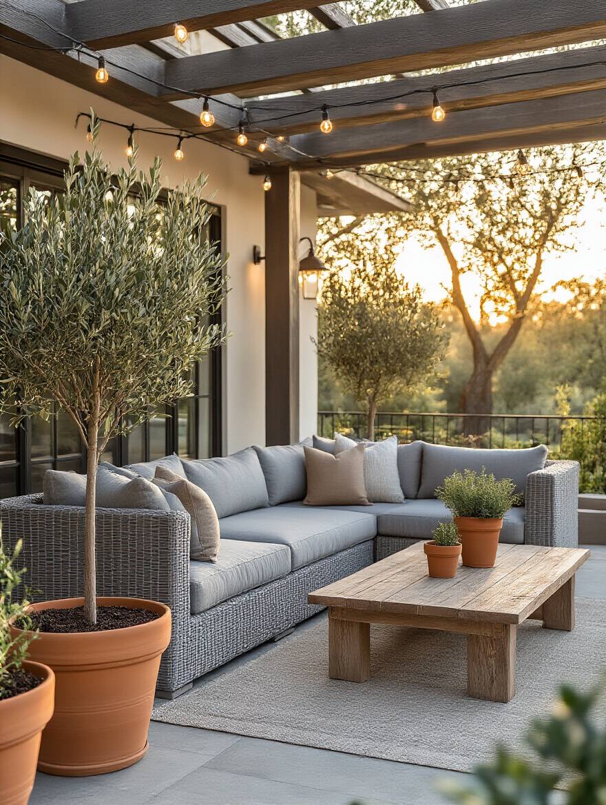 A beautifully decorated patio showcasing a cohesive modern farmhouse design with coordinated furniture, plants, and warm lighting, creating an inviting outdoor oasis.