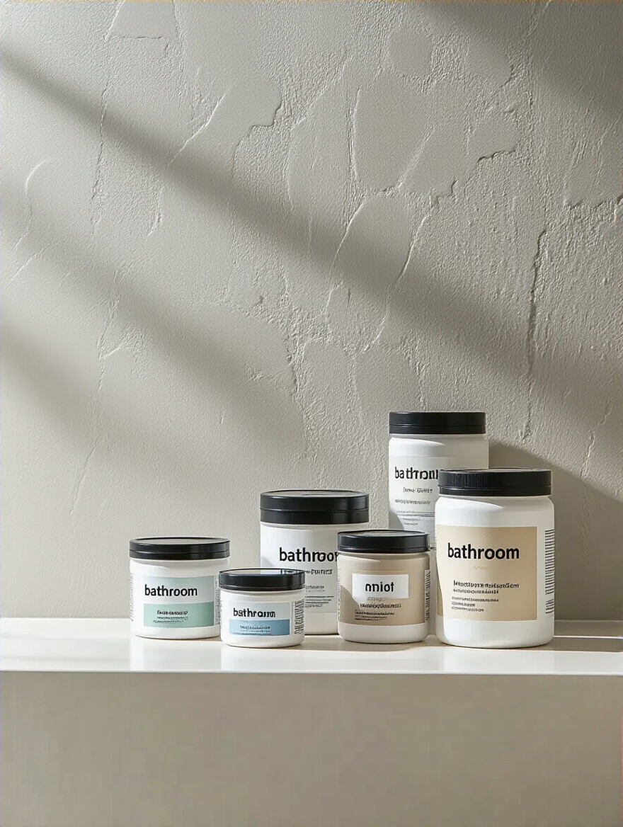 Various specialized bathroom wallpaper adhesives for moisture-resistant application on a half-wall, ensuring longevity and preventing peeling in a humid environment.
