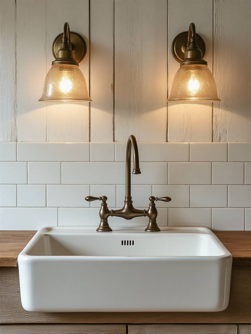Farmhouse kitchen with two antiqued brass wall sconces above a ceramic farm sink, casting warm zonal illumination on a tiled backsplash and wainscoting.