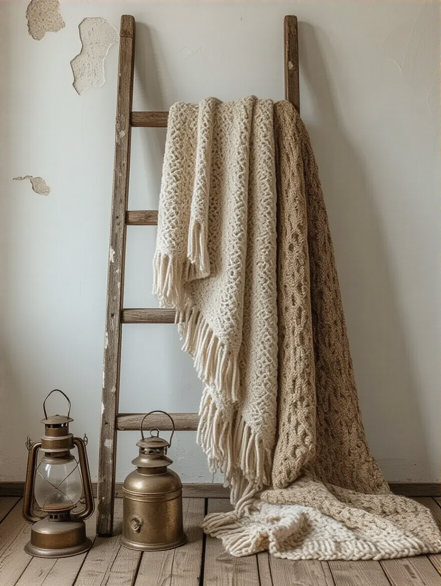 Rustic living room featuring an antique wooden ladder repurposed as a blanket display and vintage brass lanterns, showcasing found objects and vintage decor.