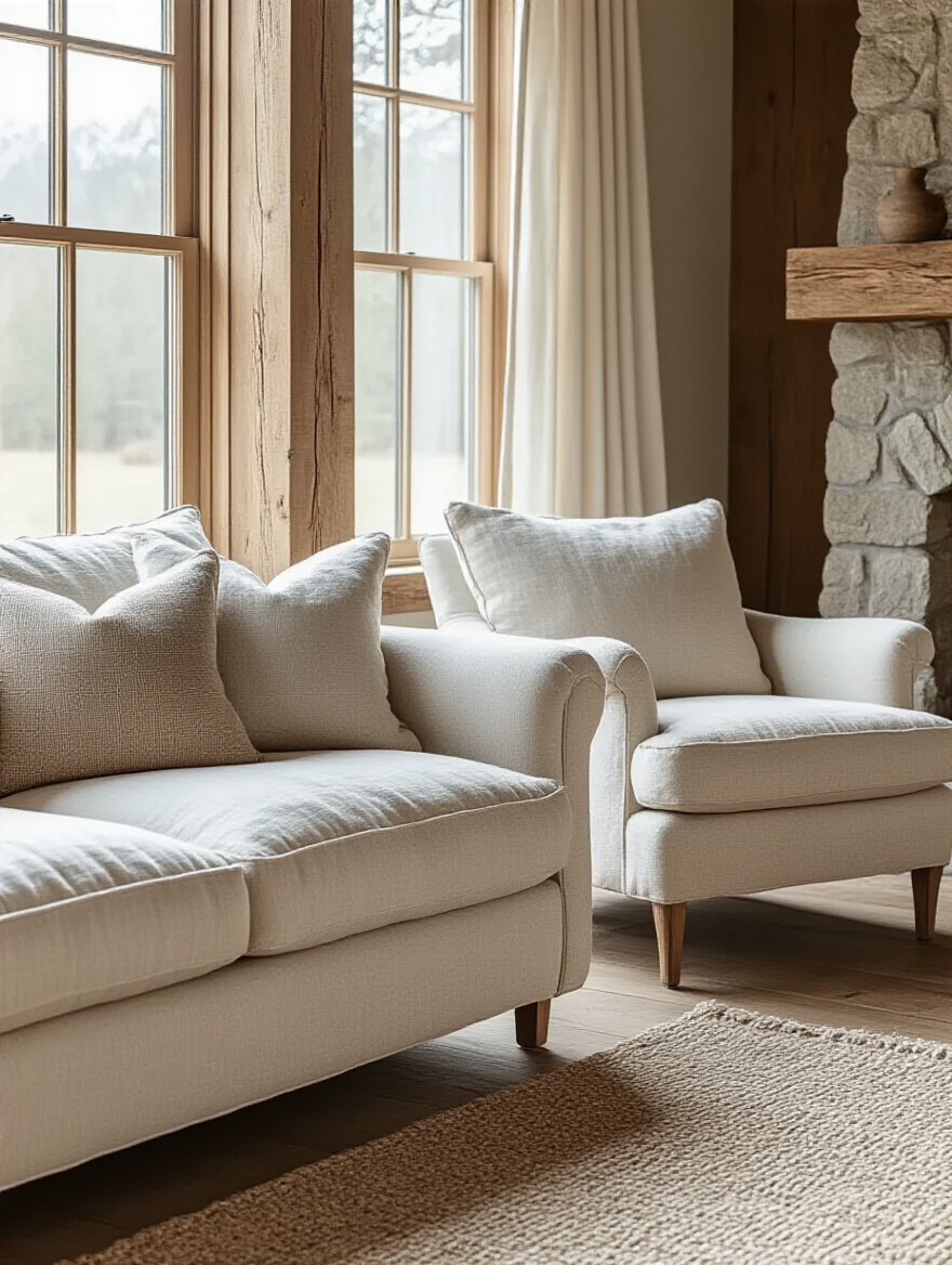 Rustic living room with comfortable sofa and armchair upholstered in natural fabrics like linen and cotton, inviting and cozy atmosphere