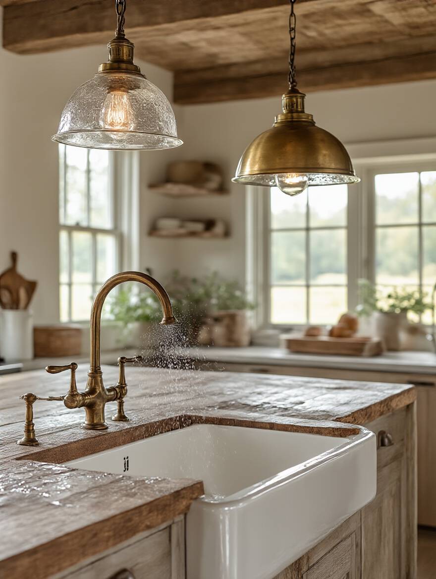 A durable, damp-rated aged brass pendant light with a seeded glass shade hanging over a farmhouse sink in a rustic kitchen, indicating resilience in a high-moisture area.